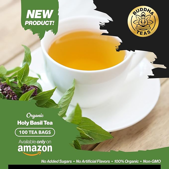 Buddha Teas - Organic Holy Basil Tea Bags - For Health & Wellbeing - Ayurvedic Tulsi - With Antioxidants - Clean Ingredients - Caffeine Free - OU Kosher & Non-GMO - 100 Non-String Tea Bags (Pack of 1) - Bloomnest