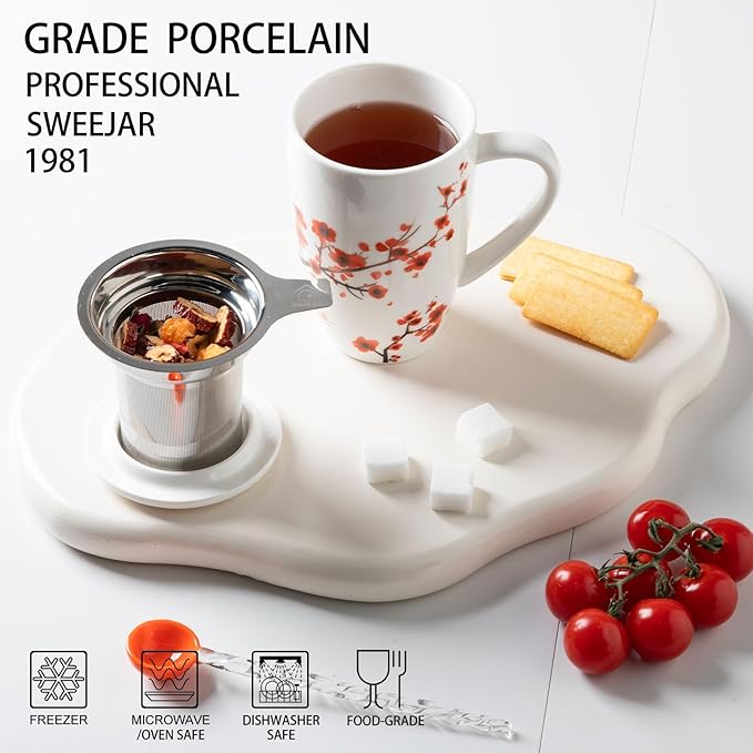 Sweejar Porcelain Tea Mug with Infuser and Lid,Teaware with Filter, Loose Leaf Tea Cup Steeper Maker, 16 Fl Oz for Tea/Coffee/Milk/Women/Office/Home/Gift (Plum Blossom) - Bloomnest