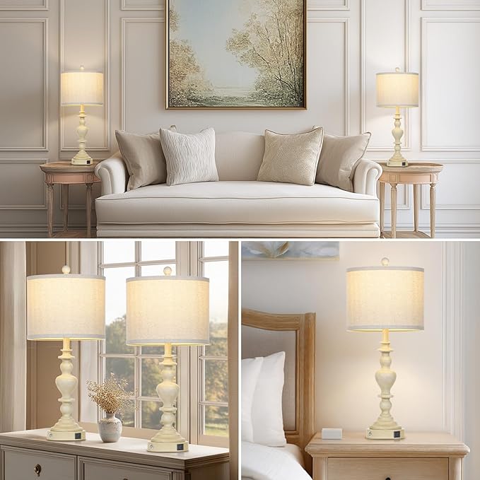 27" Farmhouse Table Lamps Set of 2, Vintage Bedside Lamps with USB A+C Charging Ports, 3-Way Dimmable Touch Control Traditional Nightstand Lamp for Living Room Beige (Bulbs Included) - Bloomnest