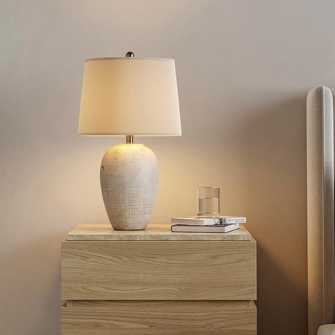 Nourison Home 23" Distressed Cream/Beige Rustic Ceramic Jar Table Lamp for Bedroom, Living Room, Dining Office, with Ivory Shade - Bloomnest