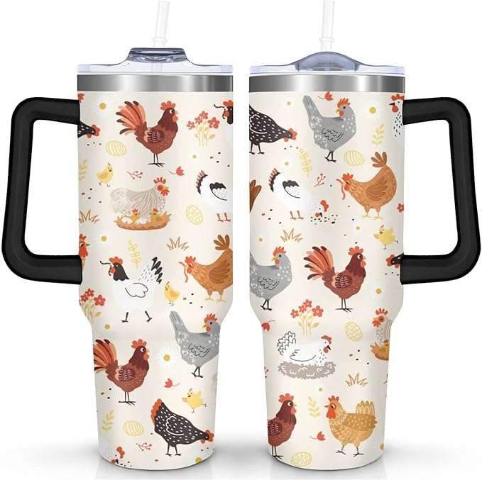 40 oz tumbler with handle,40 oz Chicken Tumbler with lid and Straw,Chicken Stainless Steel Cup Coffee Travel Mug,Chicken Gifts for Chicken Lovers,Rooster Stuff Decor Accessories - Bloomnest