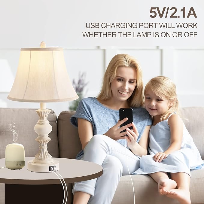 Touch Control Table Lamp Set of 2, 3-Way Dimmable Bedside Lamp with 2 USB Charging Ports, French Country Style Nightstand Lamps with Faux Silk Shade for Living Room, Bedroom - Antique White - Bloomnest