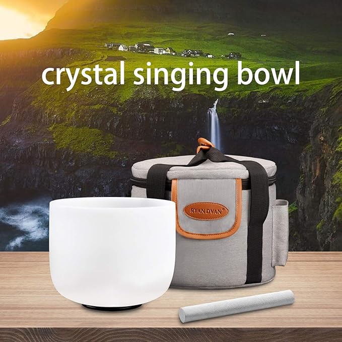 RYAN DVAN 8” F Note Frosted Heart Chakra Crystal Singing Bowl with Free Heavy-Duty Carrying Case and Suede Striker O-Ring - Bloomnest