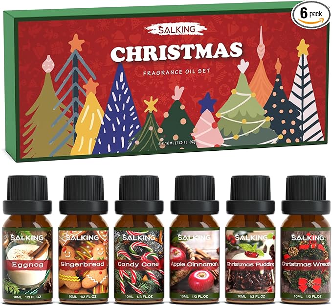 SALKING Christmas Fragrance Oils, Premium Essential Oil for Diffuser, Scented Oil Gift Set for Soap Candle Making - Christmas Wreath, Apple Cinnamon, Gingerbread, Candy Cane, Christmas Pudding, Eggnog - Bloomnest