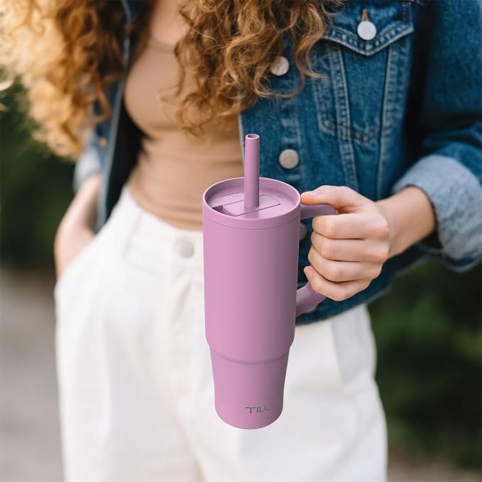 TILUCK 30 oz Tumbler with Handle, Vacuum Insulated Stainless Steel Travel Mug with 100% Leak-Proof Silicone Straw Lid, Cupholder Friendly Water Bottle(Lilac, 30oz)