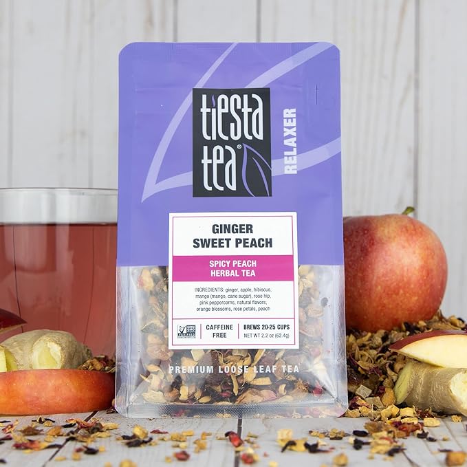 Tiesta Tea - Ginger Sweet Peach, Loose Leaf, Spicy Peach Herbal Tea, Non-Caffeinated Tranquility Blend, Bulk Herbal Leaves with Hibiscus & Cane Sugar, 25 Cups, 2.2 Ounce Resealable Pouch - Bloomnest