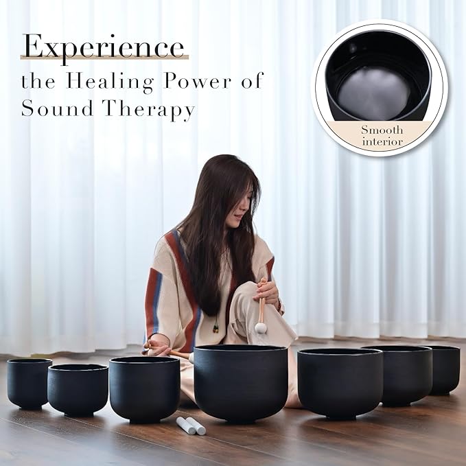 432HZ 6-12 Inch Set of 7 Chakra Black Frosted Quartz Crystal Singing Bowls with 2 Pcs Carry Cases and Suede Mallet - Bloomnest