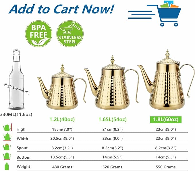 SANQIAHOME 1.8L(60oz) Stainless Steel Hammer Patterned Teapot With Removeable Infuser,Loose leaf cover,Gold - Bloomnest