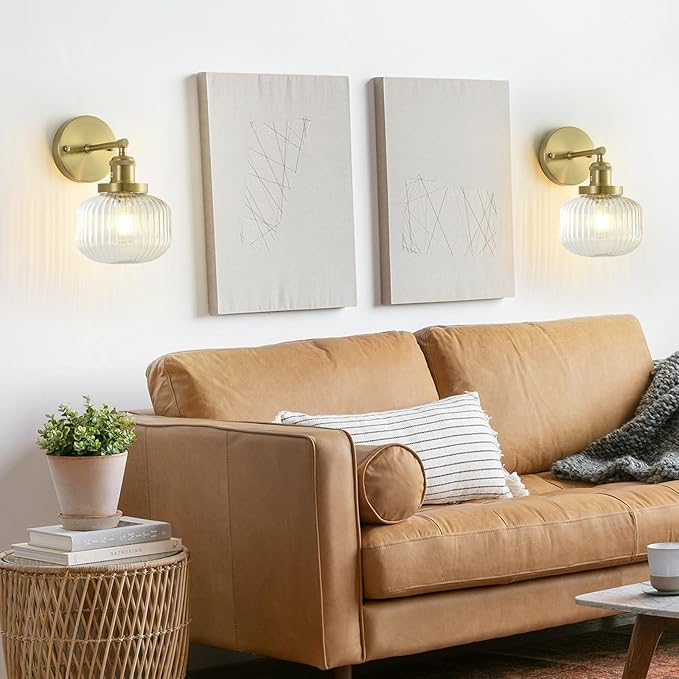 Vintage Wall Sconces with Clear Pumpkin Glass Lampshade, Indoor Bath-Room Wall Sconce, Modern Gold Industrial Lighting Fixture for Mirror Living Room Hallway 1 Pack - Bloomnest