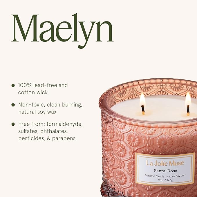 LA JOLIE MUSE Santal Rosé Candle - Saffron, Rose, Patchouli | 12 oz Large 2-Wick Soy Wax Candle | 60 Hours Clean Burn | Gift-Ready for Hosts & Gatherings | Elegant Home Décor - Bloomnest