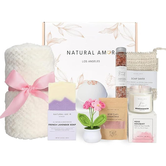 Natural Amor 8-Piece Spa Gift Set with Blanket – Self-Care Box with Rose Clay Mask, Bath Bomb, Goat Milk Soap, Candle– Relaxation Gift for Women – Pink Ribbon Blanket - Bloomnest