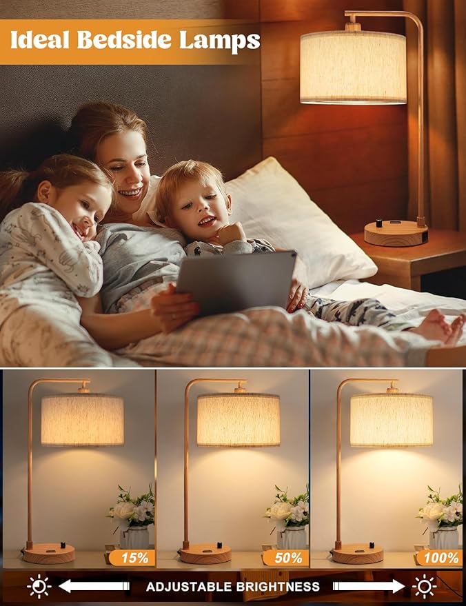 Innqoo Wood Tall Table Lamp with USB Port and Outlet, Dimmable Nightstand Bedside Lamps with Linen Lampshade, Desk Lamp for Bedroom, Living Room, Guest Room, Home Office, LED Bulb Included - Bloomnest