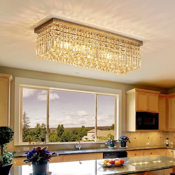 Saint Mossi 5-Lights Modern K9 Crystal Chandelier Light Fixture, Flush Mount Chandelier for Dinning Room, H9 x W10 x L31, Clear Crystal & Chrome Finish - Bloomnest