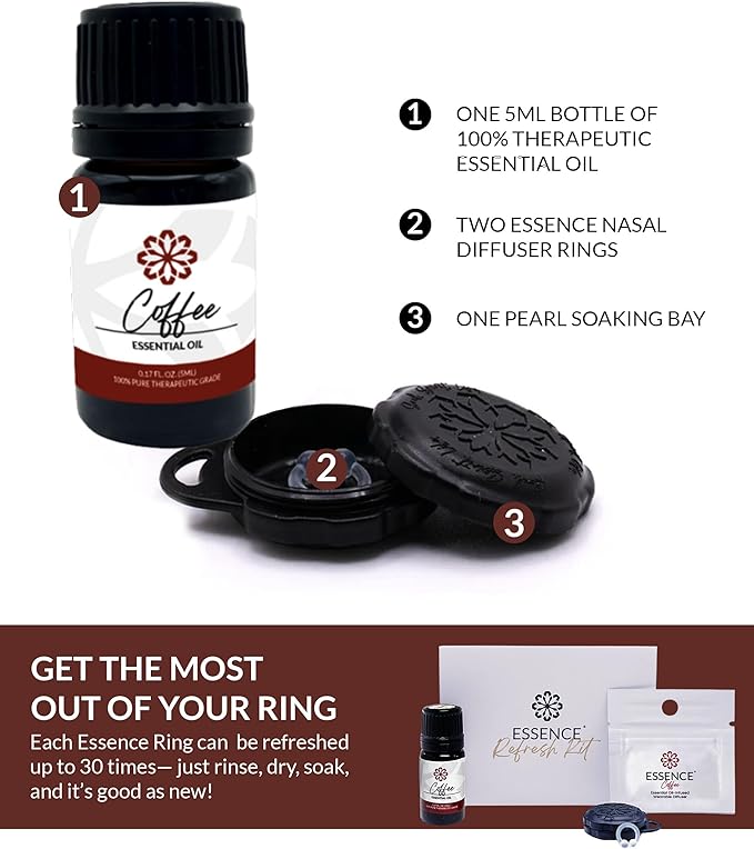 Essence Wearable Aromatherapy Nasal Diffuser – Coffee Essential Oil Nose Ring Silicone Inhaler for Stress & Mood Support - Made in USA & Travel-Friendly - Bloomnest