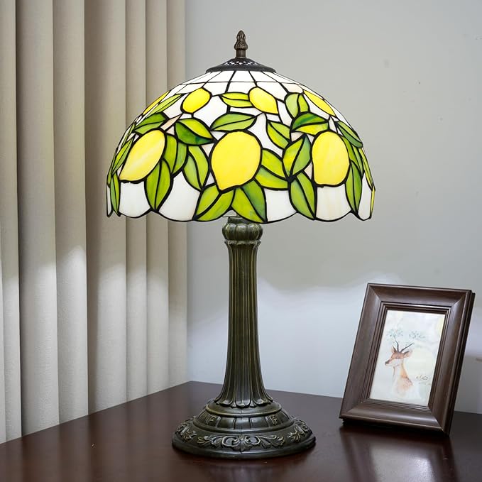 Tiffany Lamp Yellow Lemon Green Leaves Stained Glass Table Lamp Vintage Bedroom Desk Light for Home Dorm Office Art Craft Antique Decor Accent Aesthetic Nightstand Reading Light - Bloomnest