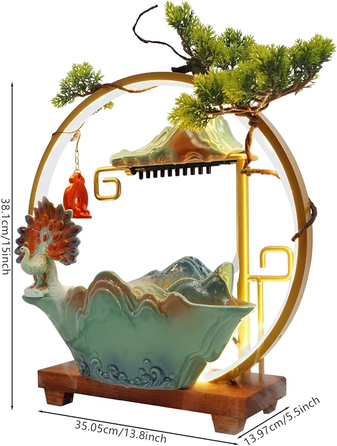Tabletop Water Fountains, Indoor Water Fall with LED Light Zen Decor for Meditation with Mist, Japanese Decor with Fake Plants Feng Shui Decor for Good Luck Wealth - Bloomnest