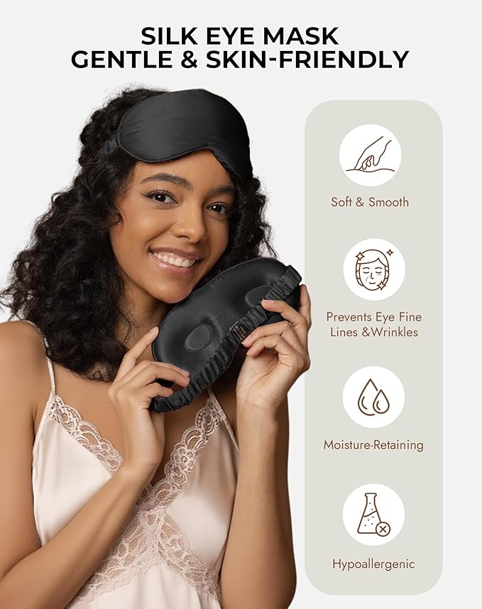 SilkSilky 100% 22 Momme Mulberry Silk Sleep Mask – Upgraded 3D Contoured Eye Mask with Nose Wing Pads & Adjustable Strap, Luxury Blackout Eye Cover for Women & Men (Black) - Bloomnest