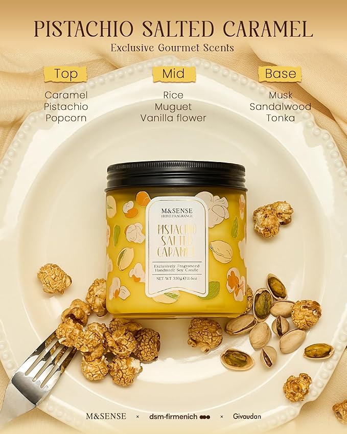 M&SENSE Pistachio Caramel Scented Candle, 11.6oz Natural Soy Wax Non Toxic, 2 Wick Jar Candle, Up to 70 Hours Clean Burn, Housewarming Gift for Women, Nutty Sweet Aroma for Home Office Comfort - Bloomnest
