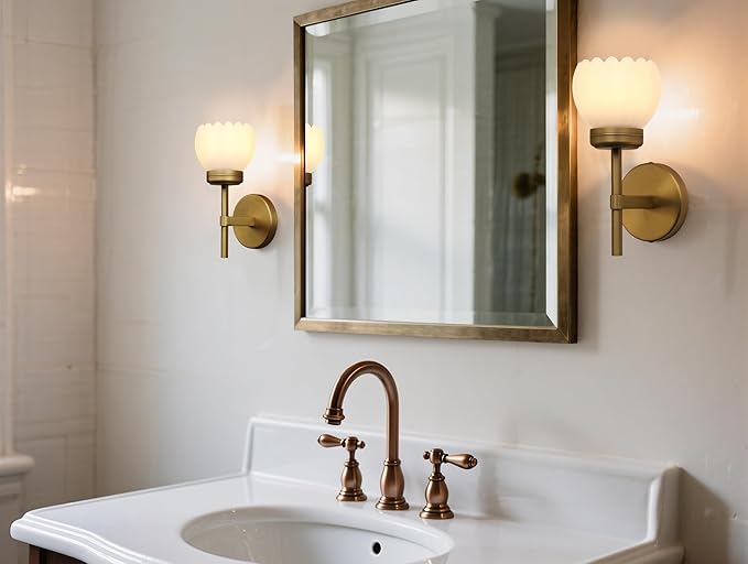 Yosoan Brass Boho Indoor Vintage Wall Sconce Set of 2, Modern Vanity Gold Industrial Hardwired Wall Mounted with Milk Transparent Tulip Flower Shade for Living Room Bedroom Kitchen Hallway(Antique) - Bloomnest