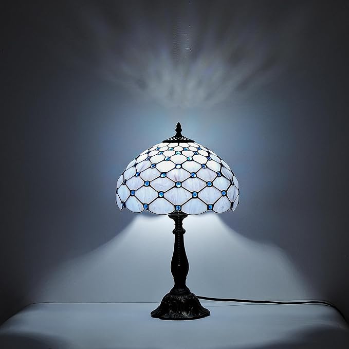 Tiffany Lamp Vintage White Grey Stained Glass Bead Table Lamp Desk Bedside Reading Light Decor Bedroom Living Room Home Office D12*H18 Inches - Bloomnest