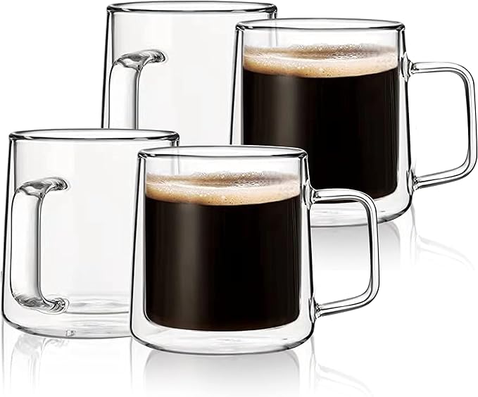 CNGLASS 10oz Glass Coffee Mugs,Double Wall Insulated Glass Mugs with Handle,Clear Espresso Mug for Latte,Cappuccino,Tea Bag,Set of 4 - Bloomnest