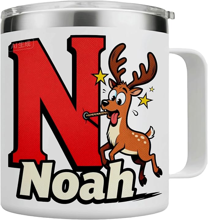 Personalized Christmas Mug with Name Initial - Funny Goofy Reindeer 12oz Insulated Stainless Steel Coffee Cup Tumbler with Handle & Lid - Silly Holiday Xmas Gifts for Kids, Boys, Men, Family (B154) - Bloomnest