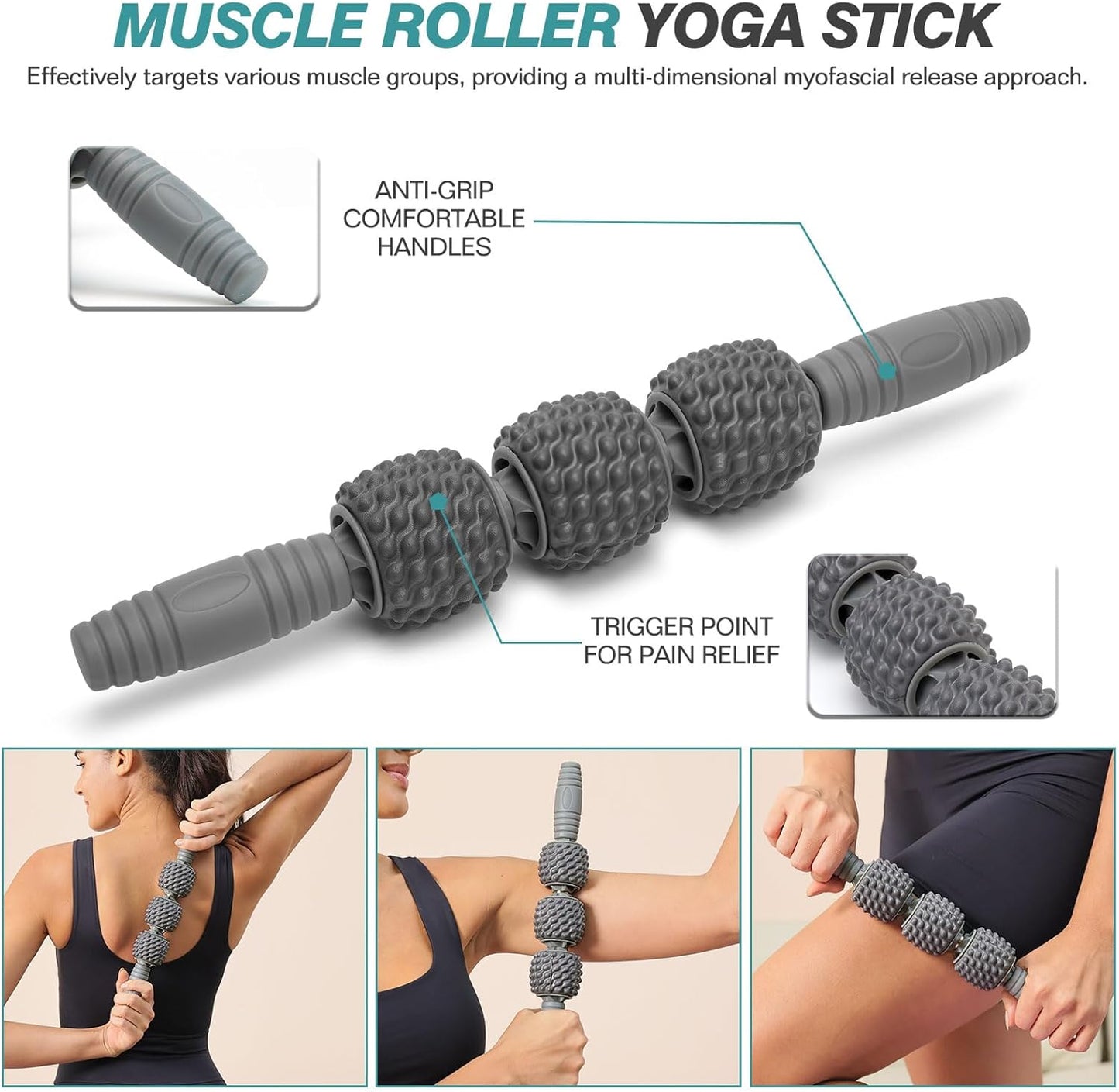 5 in 1 Foam Roller Set - Trigger Point Foam Back Roller, Muscle Roller Stick, Massage Ball, Stretching Band for Deep Muscle Massage Pilates Yoga,Fitness Exercise for Whole Body Release