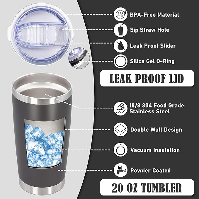 20 oz Tumbler Coffee Travel Tumblers Bulk with Lid Stainless Steel Double Wall Vacuum Insulated Mug Powder Coated Cups fit Car Cupholder for Hot and Cold - Grey, 8Pack