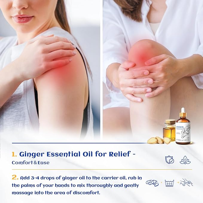 HIQILI Pure Ginger Essential Oil 3.38 Fl Oz, Pure Natural Premium Ginger Oil for Massage, Diffuser, Large Bottle with Dropper & Gift Box -100ml - Bloomnest