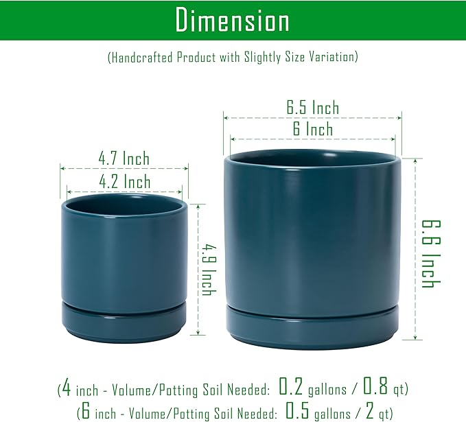 D'vine Dev 4.7 Inch & 6.5 Inch Ceramic Planter Pots for Plants with Drainage Hole and Saucer, Small Plant Pots Set, Teal, 94-G-S-9 - Bloomnest