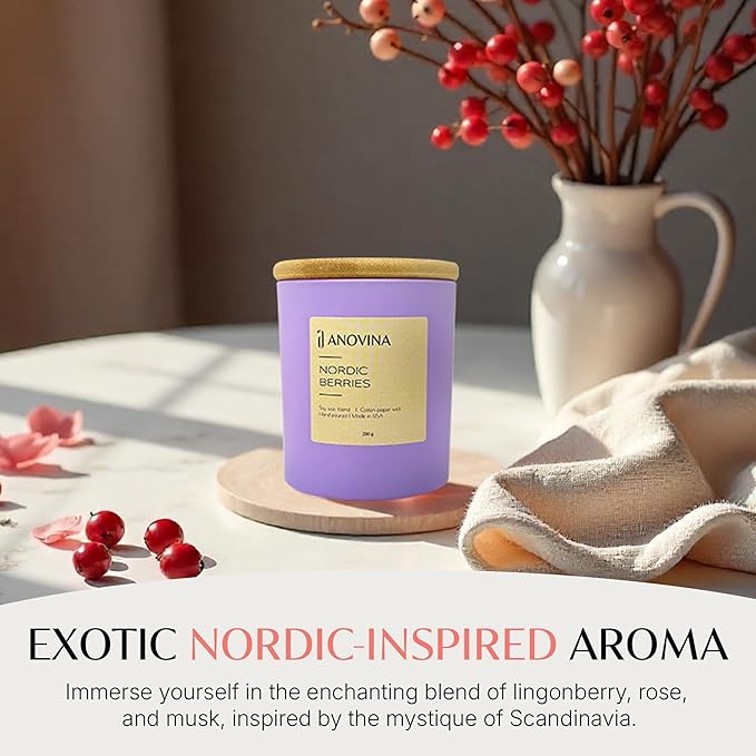 Anovina Nordic Berries Luxury Scented Candles | Exotic Nordic-Inspired Lingonberry, Rose & Musk Soy Blend Jar Candle | Hand Poured in USA | Highly Scented & Long Lasting - Bloomnest