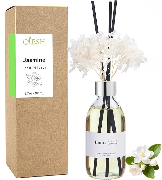 Clesh Reed Diffuser Set, 6.7 oz Jasmine Scented Diffuser with Sticks, Home Fragrance Reed Diffuser for Bathroom Shelf Decor - Bloomnest