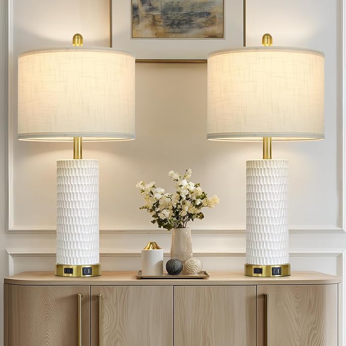 27" White Ceramic Lamps for Living Room, 3-Way Dimmable Touch Ceramic Table Lamp Set of 2 for Bedroom，Rustic Farmhouse Bedside Lamp with USB A+C & Outlets, Elegant Bedroom Lamp for Nightstand - Bloomnest