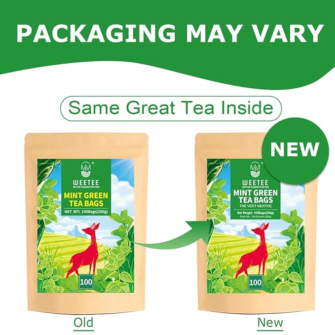 WT WEETEE Mint Green Tea Bags, 100 Count, Perfect blend of Green Tea, Peppermint, Spearmint, Lemongrass, Lemon Balm, Low Caffeine Mint Medley Herbal Tea - Bloomnest