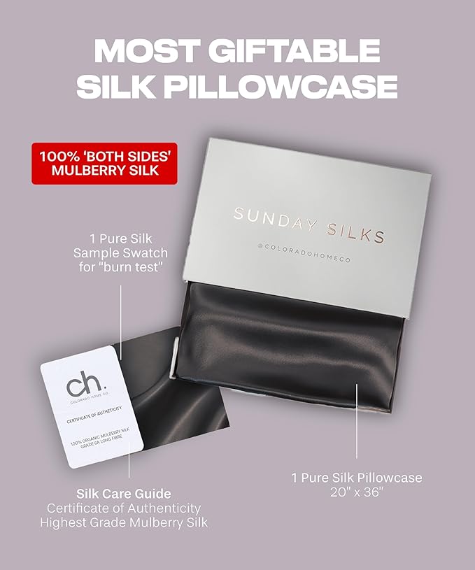 SUNDAYSILKS™ Premium Silk Pillow Cases | 100% Mulberry Silk Pillowcase with Zipper, All Sides Real 22 Momme Grade 6A Silk, Standard Queen, King Size [Midnight Black] - Bloomnest
