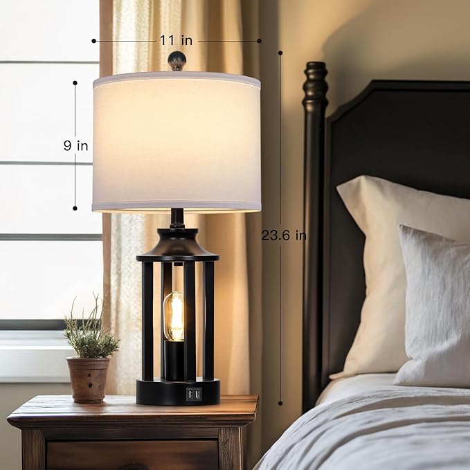 Black Living Room Lamps Set of 2, 3 Way Dimmable Touch Control Farmhouse Table Lamps with 2 USB Ports, Retro Bedside Lamp with 2 LED Nightlight,Rustic Bedroom Lamp for Nightstand(4 LED Bulbs Included) - Bloomnest