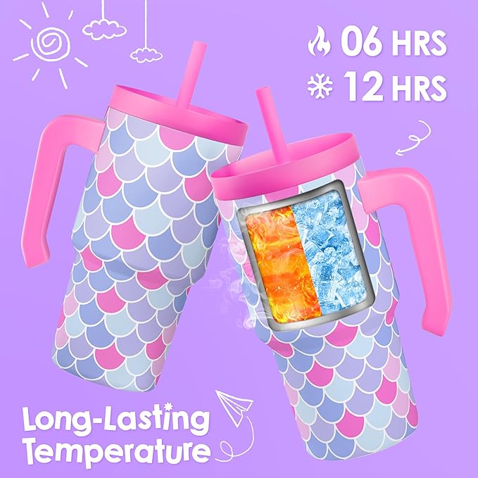 Mermaid Tumbler 20oz with Handle and Silicone Straw Lid for Kid, Insulated Stainless Steel Cup with Mermaid Scales, Gift for Kids Girls, Gifts Idea for Birthday Christmas Back to School - Bloomnest