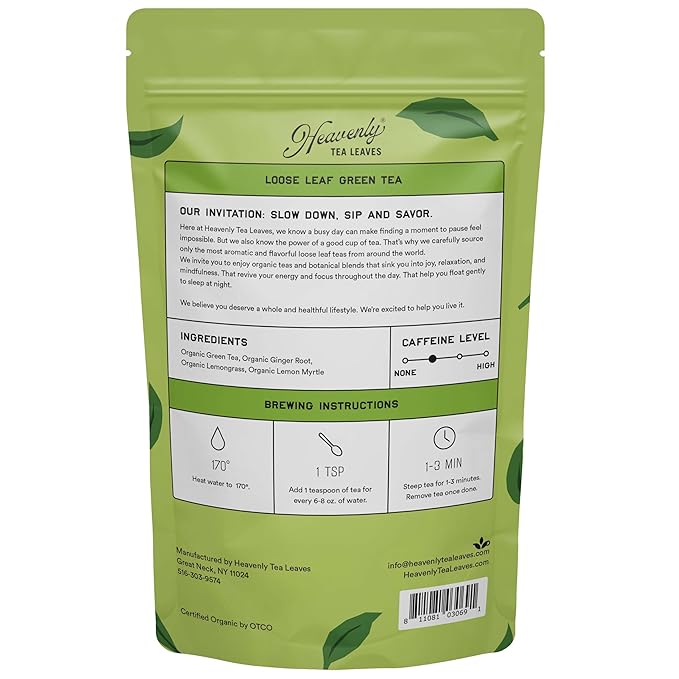 Heavenly Tea Leaves Organic Ginger Lemon Green, Bulk Loose Leaf Green Tea, 1 Lb. (Approx. 200 Servings) - Great Hot or Iced Tea, Health Support - Bloomnest
