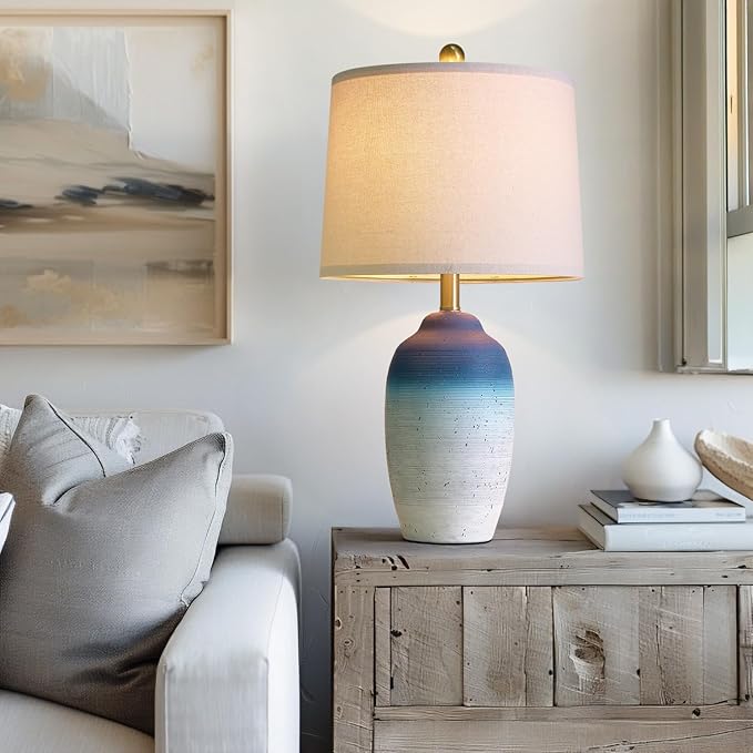 24.5" Vintage Ceramic Table Lamp - Single Farmhouse Rustic Bedside Lamp with Natural Textured Finish, Nightstand Lamps for Living Room, Bedroom, End Table, Office White and Blue - Bloomnest