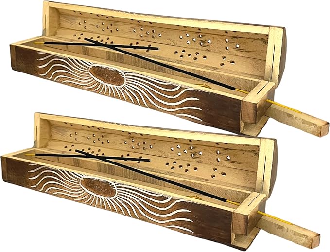 2 Pack Wooden Coffin Incense Sticks Burner - 12 Inches Carved - Storage Compartment, Carved Sun - Bloomnest