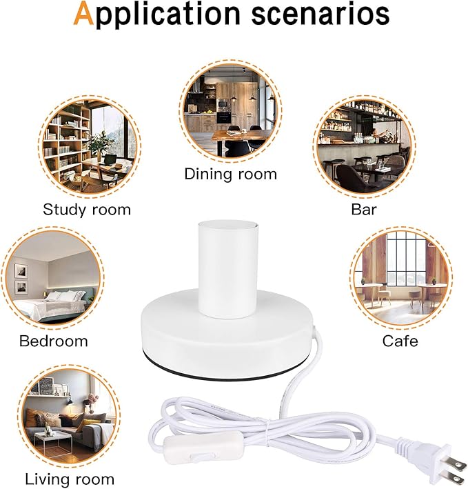 Helunsi Industrial Table Lamp Base - E26/E27 Edison Light Bulb Stand, Exposed Bulb, Simple Metal, 5.8ft Cord Switch Plug, White - Bloomnest