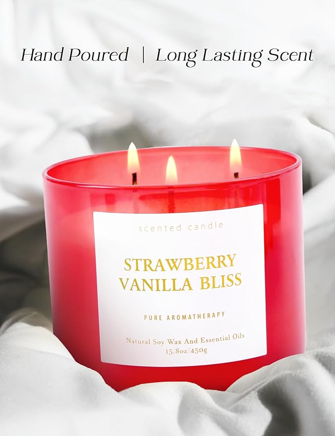 Strawberry Vanilla Aromatherapy Candle - Large 3 Wick Soy Scented Candle 15.8 oz - Relaxing Vanilla Candle for Home & Stress Relief - Long Lasting Natural Candles Gift for Women & Men - Clean Burning - Bloomnest