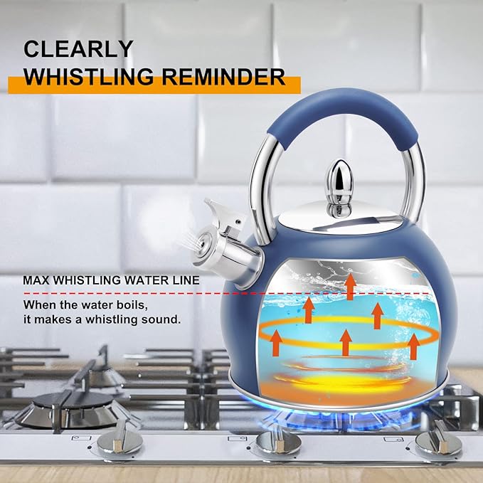Whistling Tea Kettle for Stove Top Stainless Steel Tea Pot with Ergonomic Silicone Handle Teapot for Stovetop 3.2 Quart / 3 Liter Blue - Bloomnest