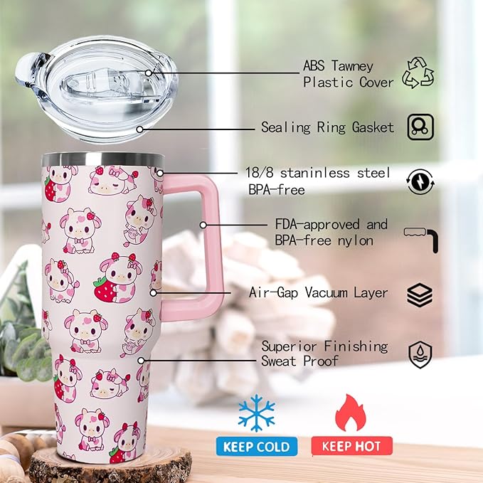 Ceovfoi 40 Oz Strawberry Cow Tumbler With Handle, Cow Print Coffee Travel Mug Cup Water Bottle, Strawberry Decor, Cow Print Gifts for Women - Bloomnest
