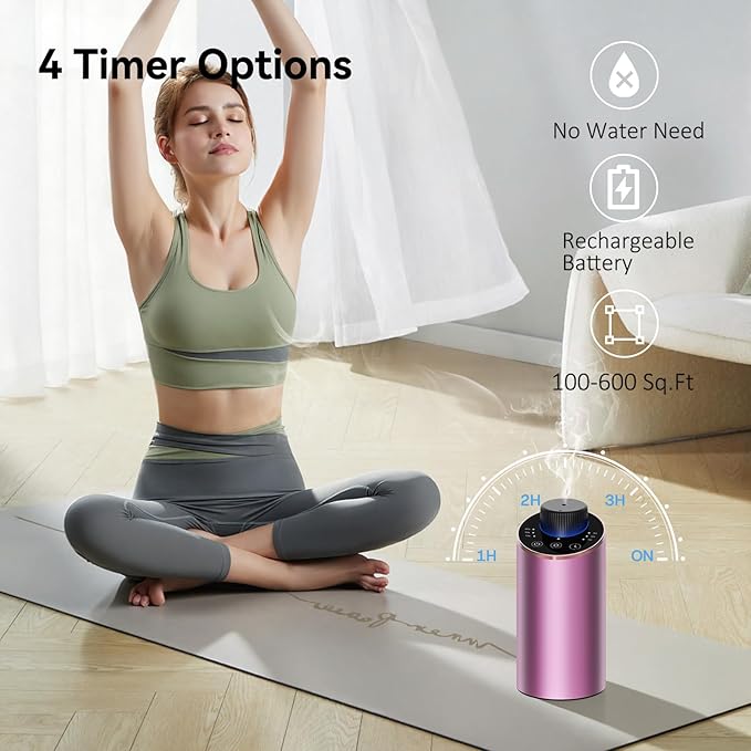 Essential Oil Diffuser Waterless Scent Aromatherapy Diffusers for Home Large Room, Bedroom, Car, Office,Desk, Battery Operated, Small Cordless Air Freshener Machine, 3 Countdown Timers & 3 Mist Levels - Bloomnest