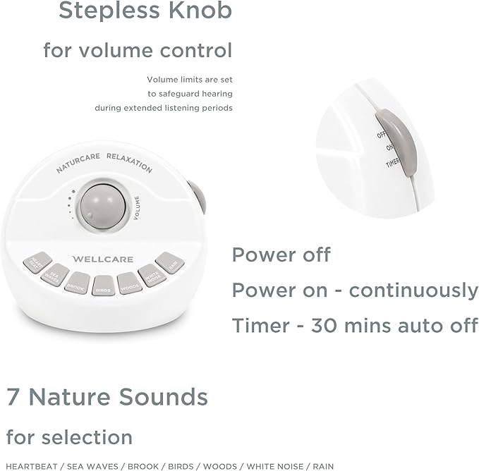WELLCARE-Naturcare Sound Relaxation, White Noise, 7 Nature Sounds, Sleep Sound Machine, Calm Infants, for Baby, Kids, Adult. Stepless Volume, Timer, Powered by Adapter or Batteries(Both Not Incl.)