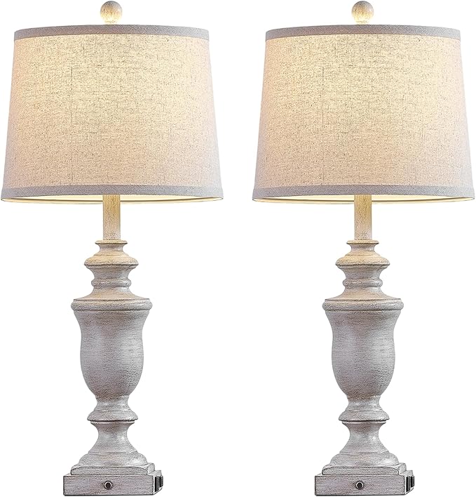 27.5" Set of 2 Farmhouse Table Lamps for Bedroom, 3 Way Dimmable Bedside Lamp with 2 USB +AC Outlet Nightstand Lamps for Living Room Resin Rustic Touch Lamps (Antique Gray) - Bloomnest