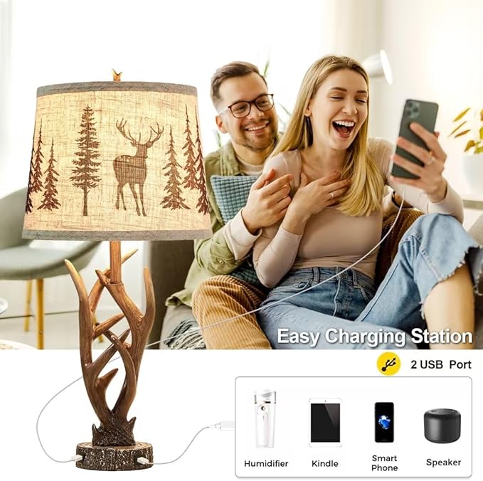 Dungoo 26" Touch Control Antler Table Lamps Set of 2, 3-Way Dimmable Rustic Lamp with 2 USB Ports, Natural Antler Lamp with Deer Forest Lampshade Farmhouse Lamps for Living Room Foyer - Bloomnest
