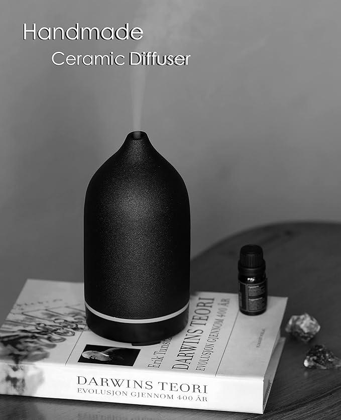 Essential Oil Diffuser,Handcrafted Ceramic Diffuser for Home,Ultrasonic Cool Mist Air Diffuser, 9 Colors Night Light with Timer (Black) - Bloomnest