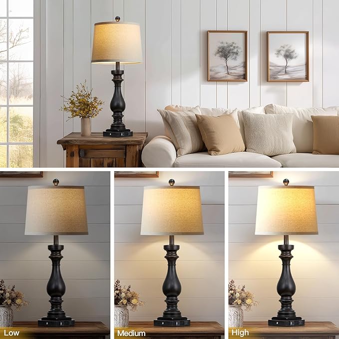 29" Tall Vintage Table Lamps Set of 2,Black Farmhouse Bedside Lamps with USB C+A Ports & AC Outlet,3-Way Dimmable Touch Lamp for Night Stands Living Room Bedroom,Black - Bloomnest